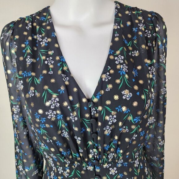 NWOT Yumi Kim V Neck Fit and flare Floral Metallic Dot Mini Dress Black Small - Picture 2 of 14